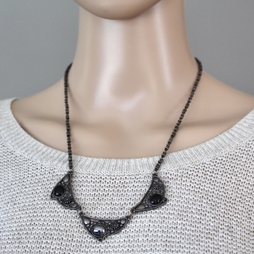 Vintage Onyx & Hematite Sterling Silver Necklace
